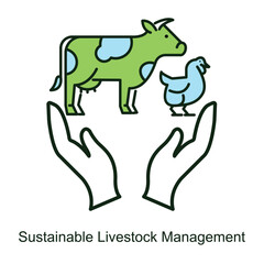 Vector icon for Sustainable Livestock Management with Cow and Chicken in Hands. Highlights responsible farming practices for animal welfare and environmental conservation.