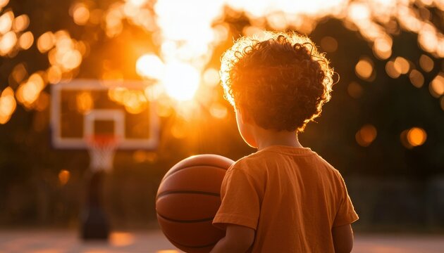 Child with basketball at sunset