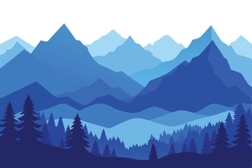 Deep blue monochrome mountain landscape with coniferous forest creates a tranquil, serene scenery