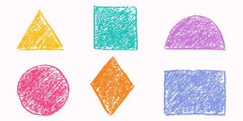 Set of basic shape with crayon pencil texture. Grunge modern geometric figure. Childish elements with charcoal texture in grunge style. Circle, triangle, square, rectangle, rhombus with crayon texture