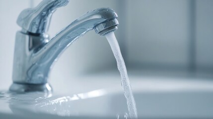 Close-up of water flowing from a chrome faucet into a sink.
