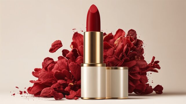 Un l&aacute;piz labial rojo est&aacute; rodeado de p&eacute;talos de flores rojas sobre un fondo neutro.