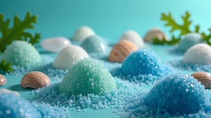 Pastel Illustration of bath salt, seashells, and seaweed in a dreamy composition. Soft blues, greens, and whites evoke relaxation.
