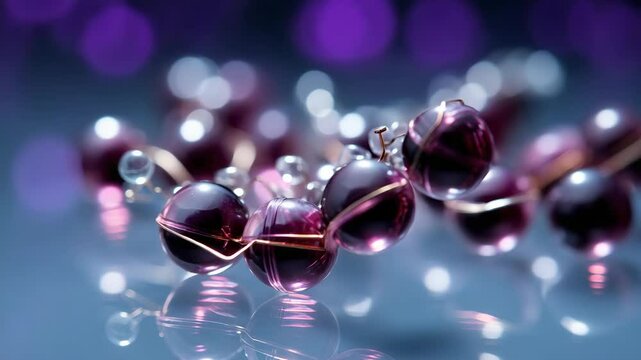 Elegant purple sphere bead arrangement on reflective surface with golden wire accents and bokeh background