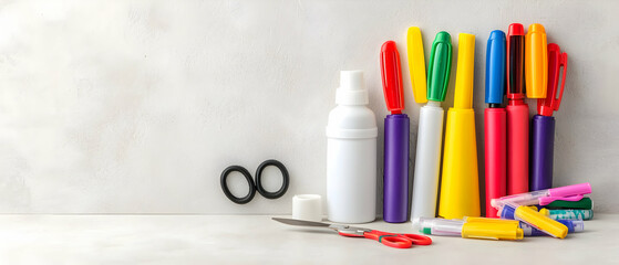 Fototapeta premium Assorted Colorful Pens Markers And School Supplies On White Surface
