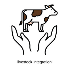 Vector icon for Livestock Integration with Cow in Hands. Emphasizes the importance of integrating livestock into sustainable farming systems for resource optimization.