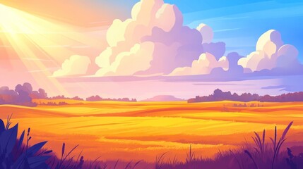 Obraz premium Vibrant sunrise over a golden field with fluffy clouds and sun rays.