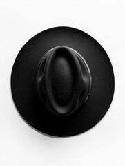 Top view of a black hat on a white background.