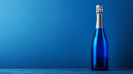 Blue champagne bottle against a solid blue background.