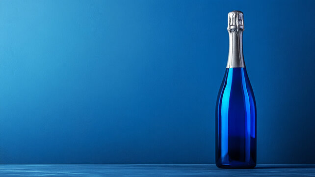 Blue champagne bottle against a solid blue background.