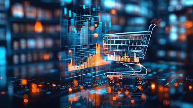 Online shopping cart with data graphs, supermarket background - Powered by Adobe