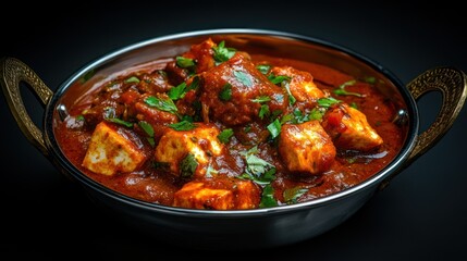 Fototapeta premium Indian cheese curry rich red sauce aromatic herbs closeup food photography