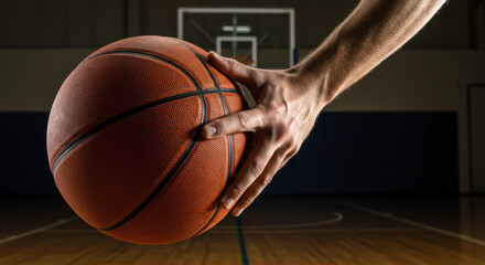 Man holding a basketball. Hand grips sport ball on court. Concept of athlete ready to play. Championship game readiness and fitness advertising.