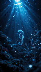 Luminescent Seahorse: Floating in Dark Ocean with Light Rays