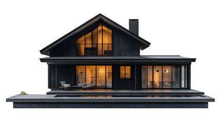 Black house model with minimal design, HD 3D plastic style, isolated on white background