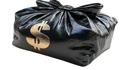 Black money bag with bold dollar symbol, cartoon 3D plastic style, isolated on white background