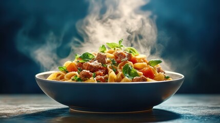 A tantalizing bowl of pasta featuring savory ingredients and visible steam, showcasing an appealing combination of flavors and inviting presentation for dinner lovers.
