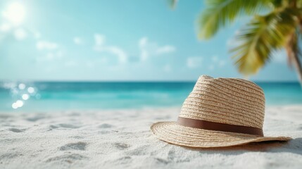 Displaying a chic straw hat resting on soft white sand, this image conveys a sense of calm and relaxation, invoking memories of warm days spent on sun-kissed beaches.