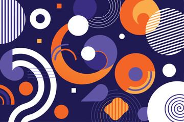 Geometric shapes and lines in modern style create a colorful abstract composition with a dark background
