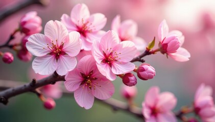 Obraz premium Delicate pink cherry blossoms, soft petals, full bloom , Japanese, twig