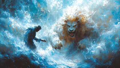 Man confronts a majestic, ethereal lion amidst swirling clouds