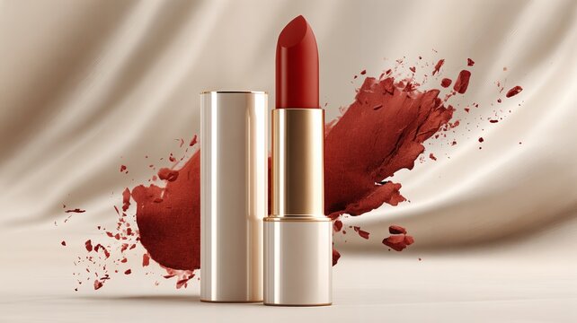 Un labial rojo con su estuche sobre una tela beige con una mancha de color similar.