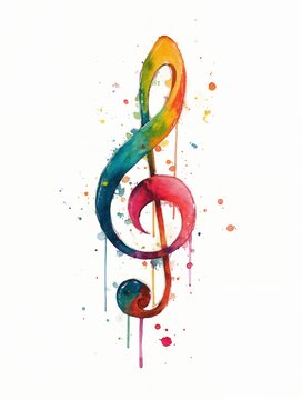 Clave de sol vibrante en acuarela, con salpicaduras de color que sugieren movimiento y m&uacute;sica.