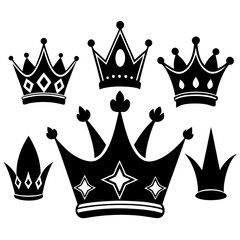 This vector illustration showcases a majestic set of golden crowns, symbols of royal power and luxury fit for a king, queen, prince, or princess