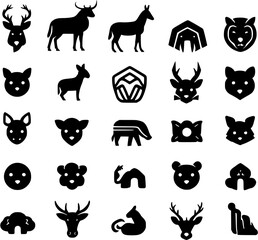 Obraz premium ​Black animal head icons set featuring deer, dog, cat, bear, and wildlife symbols isolated on white background.