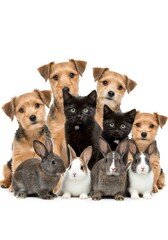 Dogs, Kitten, and Rabbits on White Background