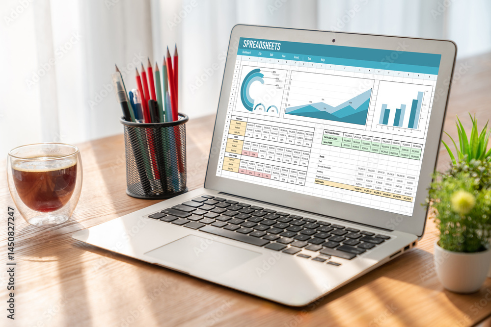 Poster spreadsheet document information financial startup concept. data and graphs in spreadsheet documents