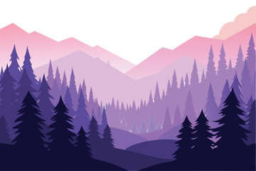 Gradient pink mountains tower over a shaded purple pine forest in this landscape