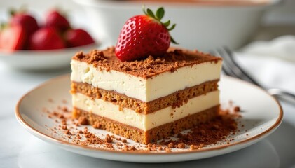 Elegant tiramisu slice, showcasing texture and rich color Perfect for menus or recipe blogs , Italian dessert, gastronomy