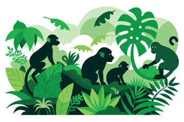 Green rainforest backdrop reveals playful monkeys climbing between lush jungle foliage plants