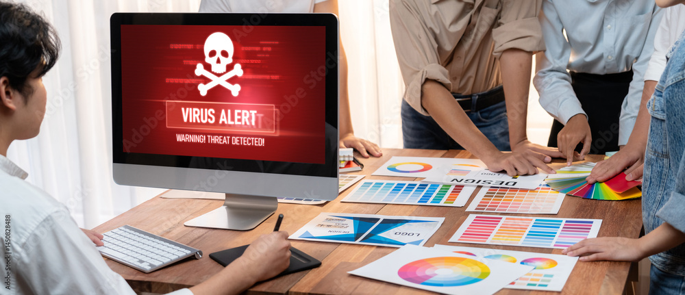 Poster Virus warning alert on computer screen detected brisk cyber threat , hacker, computer virus and malware
