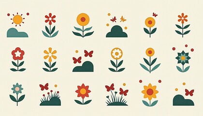 Floral Butterflies Grid minimalist stylized folk-art motifs muted pastel colors cheerful charming springtime garden theme pale background