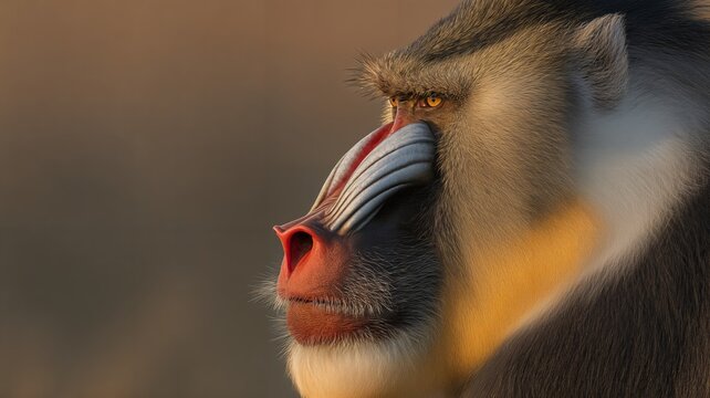 Primer plano de un mandril con una nariz y bigotes rojos vibrantes, contra un fondo marr&oacute;n c&aacute;lido y desenfocado.