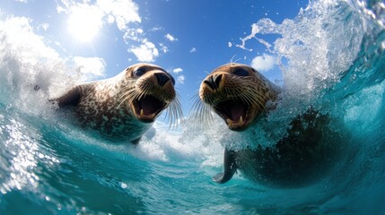 Two playful seals are captured in this stunning image, joyfully splashing around in crystal clear ocean waters under the bright sunshine, full of life and energy.
