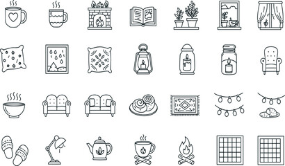 Hygge Lifestyle line icon set. Vector pictograms of cozy comfort-focused living, warm interiors, sweater, sofa, knitted, scarf, cinnamon roll, rocking chair, fireplace