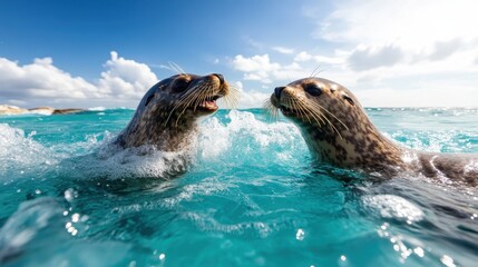 Obraz premium This charming image portrays two curious seals engaging in playful communication amidst the sparkling waters, embodying the joy and liveliness of marine wildlife.