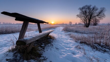 Fototapeta premium Rustic wooden bench sits on a snowy path at sunrise, frosty meadow in background