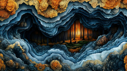 Layered abstract art depicting a forest scene viewed through a cave-like opening Blues oranges and dark browns creat