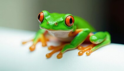 Green tree frog perched on white, vibrant skin, small, glossy, green frog