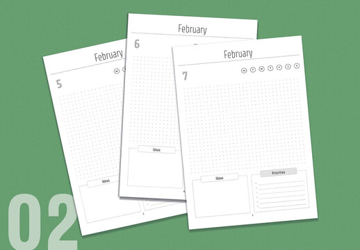 Undated daily calendar layout template February
