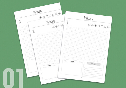 Undated daily calendar layout template January