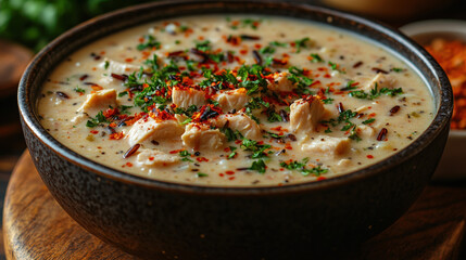 Creamy chicken and rice soup garnished with parsley and red pepper flakes