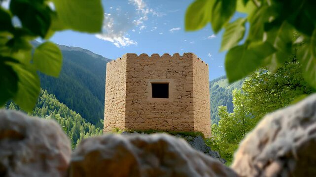 Stone Tower in Scenic Mountain Landscape Daytime