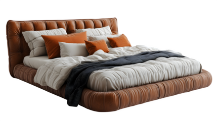 3D bed with comforter and pillows, realistic furniture icon isolated on white