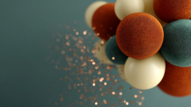 Textured spheres in orange, teal, and cream hues against a teal background, scattered with copper glitter, create a modern and elegant aesthetic, showcasing product placement potential