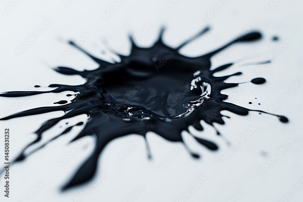 Poster close up shot of a black ink splash on a white surface creating an abstract and dynamic composition
